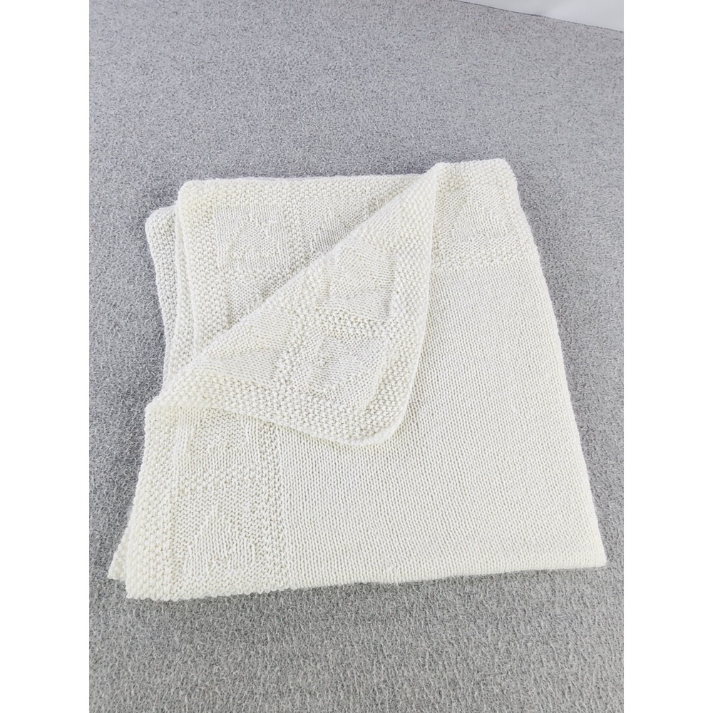 Vtg Crochet Baby Blanket Cream White Hearts 30X29 ish Handmade Acrylic Yarn SOFT
